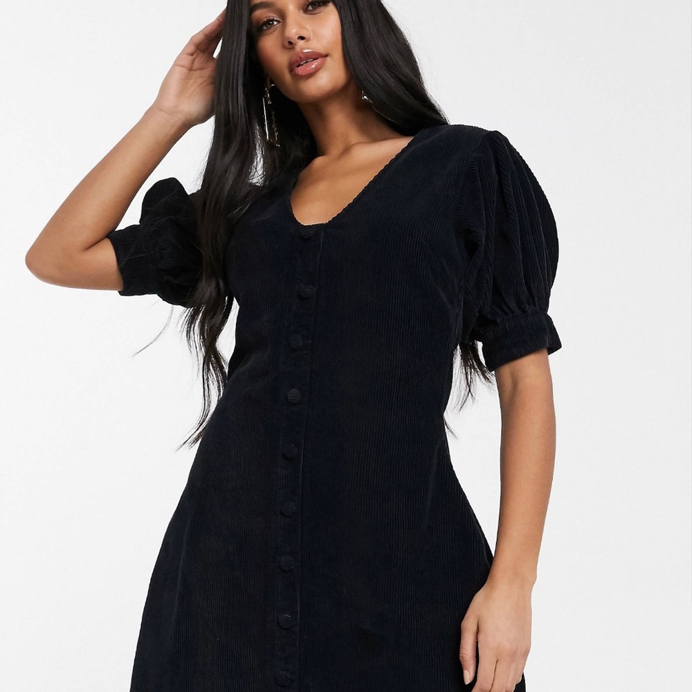 Corduroy plunge dress with puff sleeves
